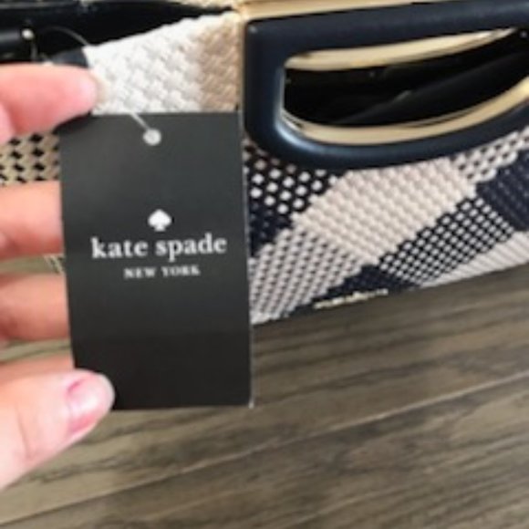 KATE SPADE NWT Gingham Woven Straw Clutch/Crossbody in Navy Blue & Ivory Alexia - Picture 15 of 16